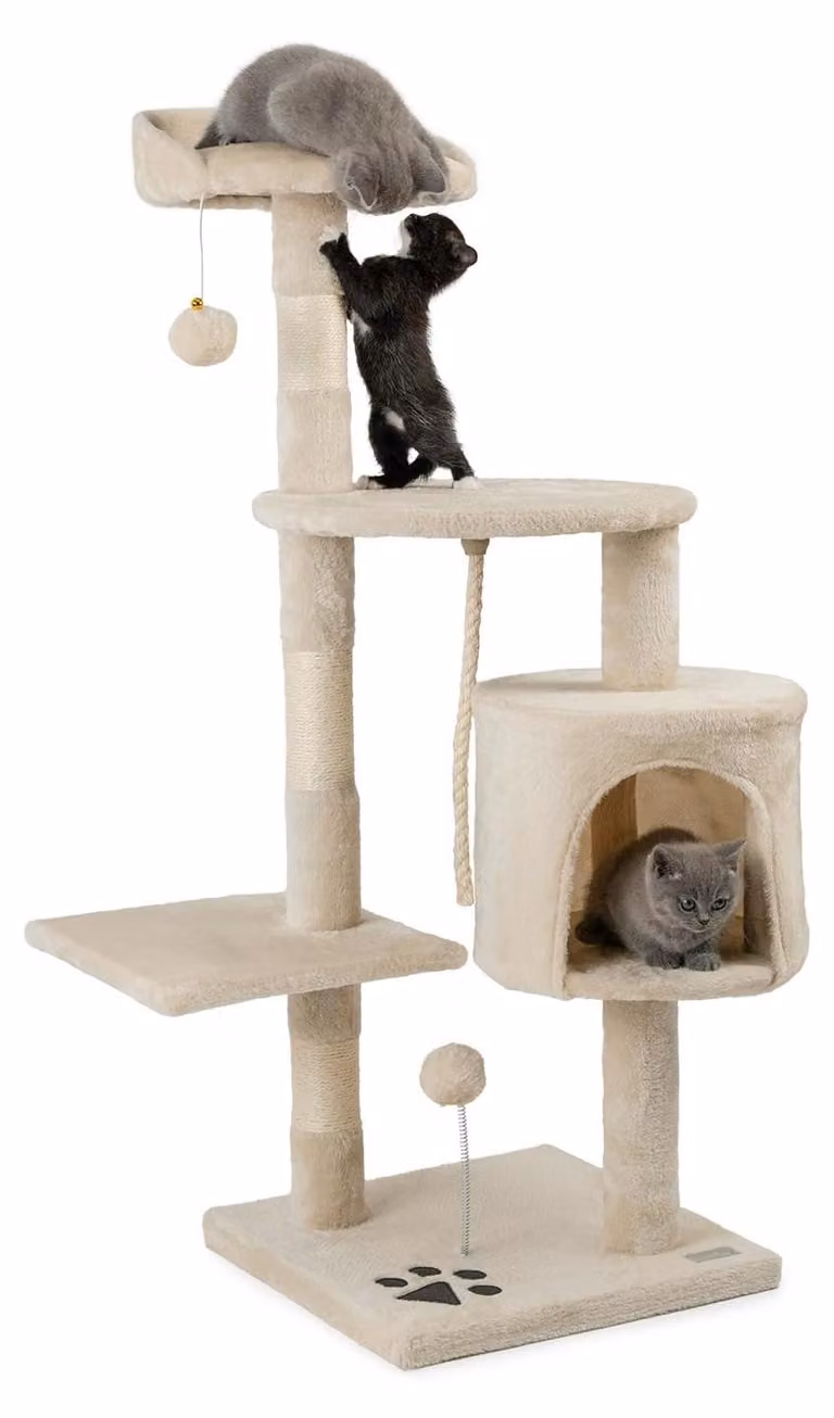 Tiragraffi per gatti - Con tana e palline di peluche - 112 cm - Beige