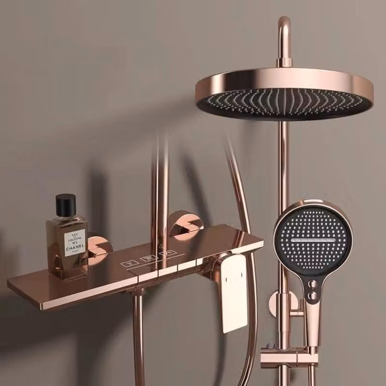 Sistema doccia a pioggia, miscelatore con altezza regolabile, 32,5 cm, soffione con 4 getti, doccetta manuale, finitura oro rosa