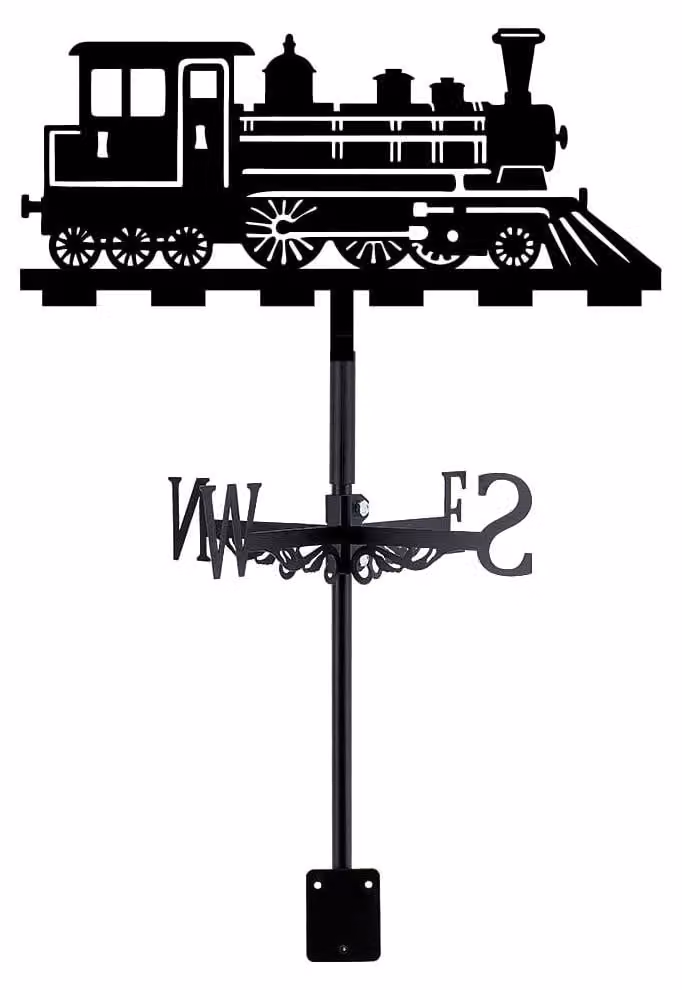 Segnavento in metallo a forma di locomotiva, colore nero, dimensioni 35,8 x 24,7 cm