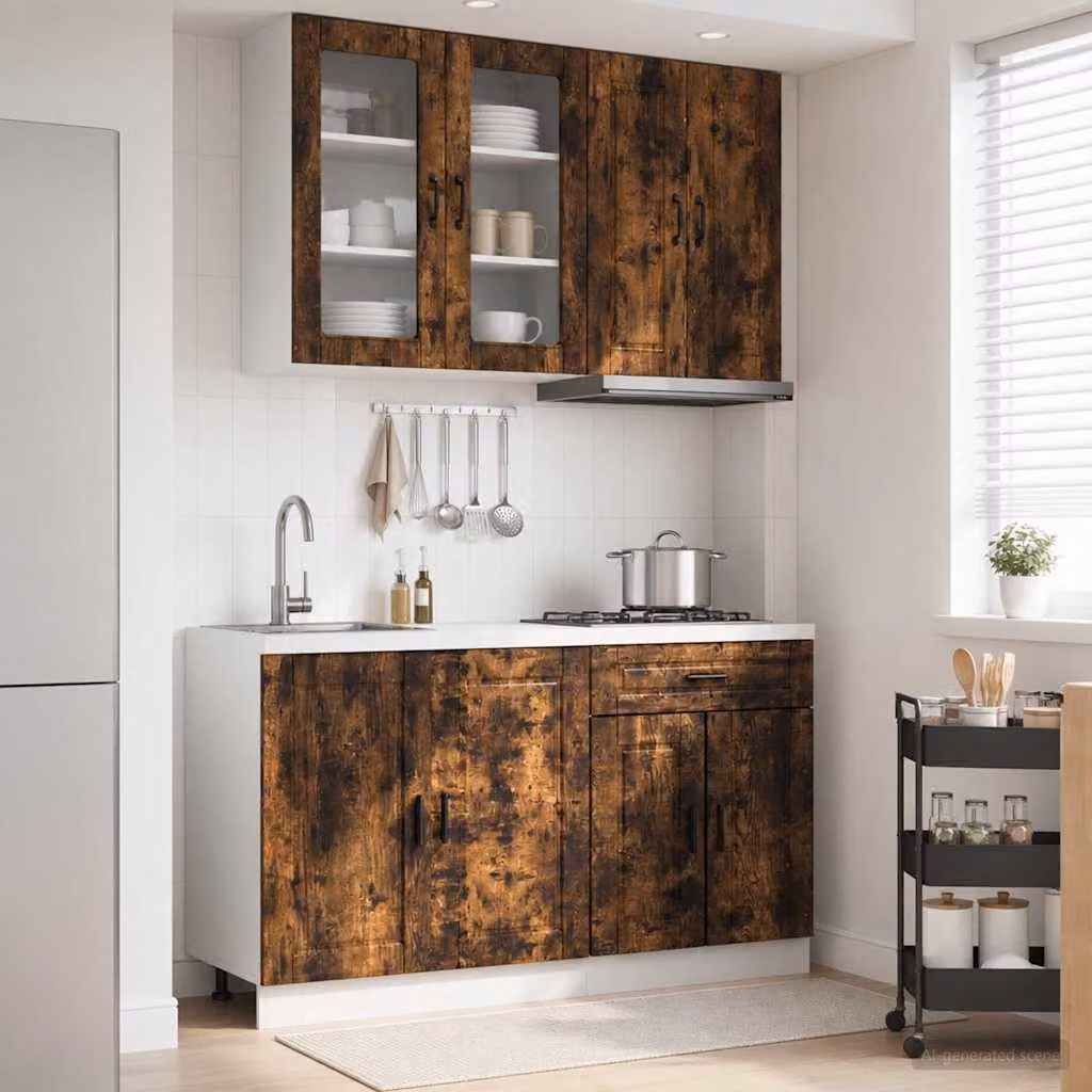 Set di 4 unità cucina moderna vidaXL PORTO in legno ingegnerizzato e MDF colore marrone con ante in vetro