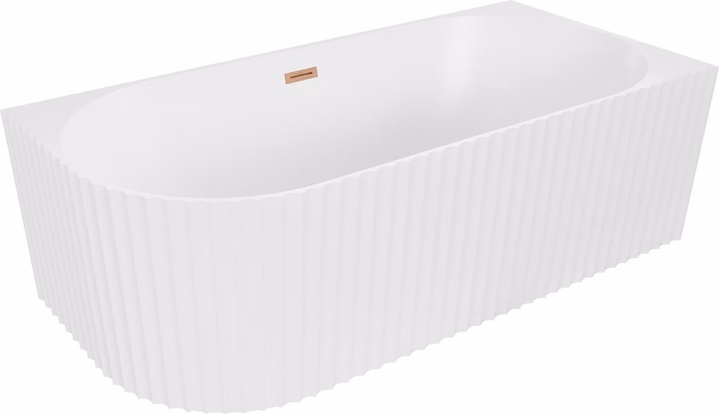Mexen Gia vasca da bagno angolare freestanding rigata destra 150 x 75 cm, bianco opaco, troppopieno in rame spazzolato