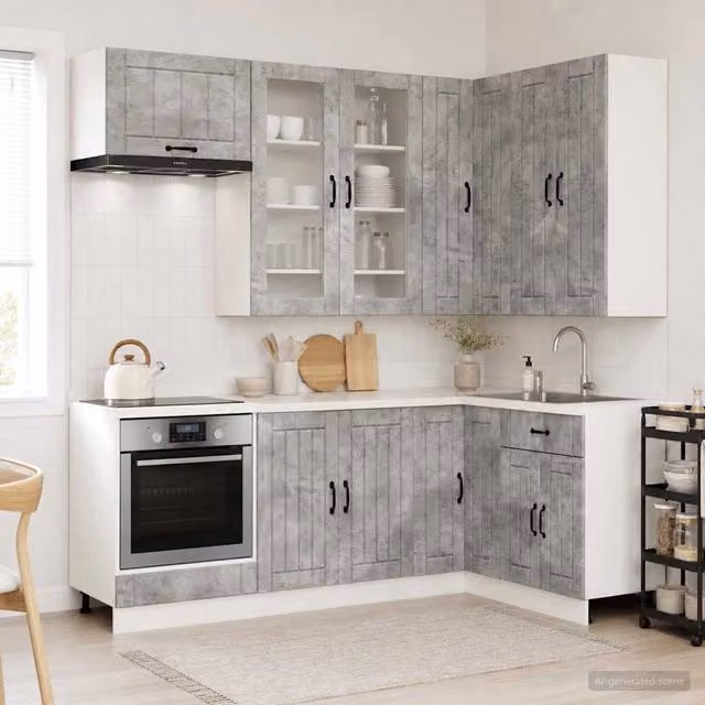 Unità Cucina Moderna vidaXL in 8 Pezzi Grigio con Ante in Vetro e Ripiani Aperti in MDF