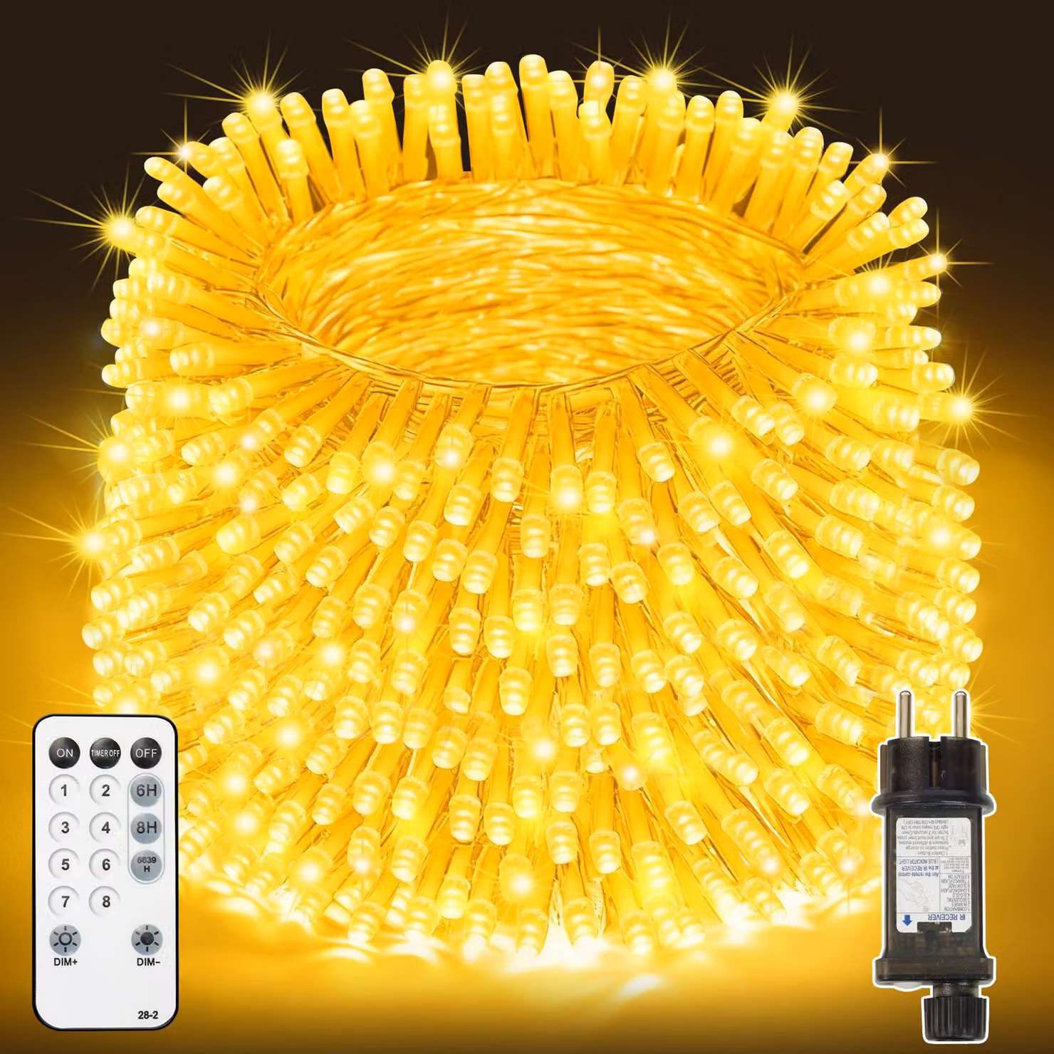 Catena luminosa da 20 metri, con 200 LED, luce bianco caldo, grado di protezione IP44, telecomando e timer