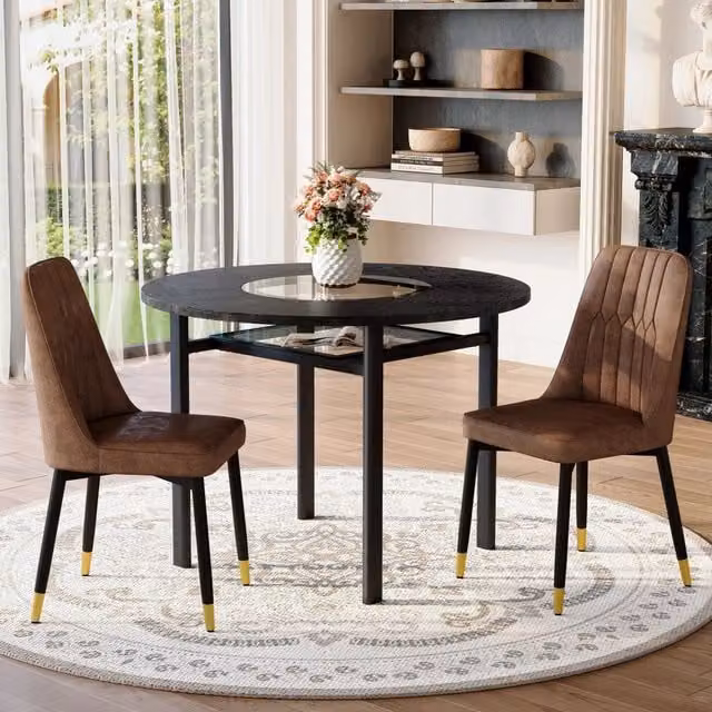 Set tavolo rotondo 100 cm con 2 sedie; piano in vetro; MDF e metallo; marrone e nero