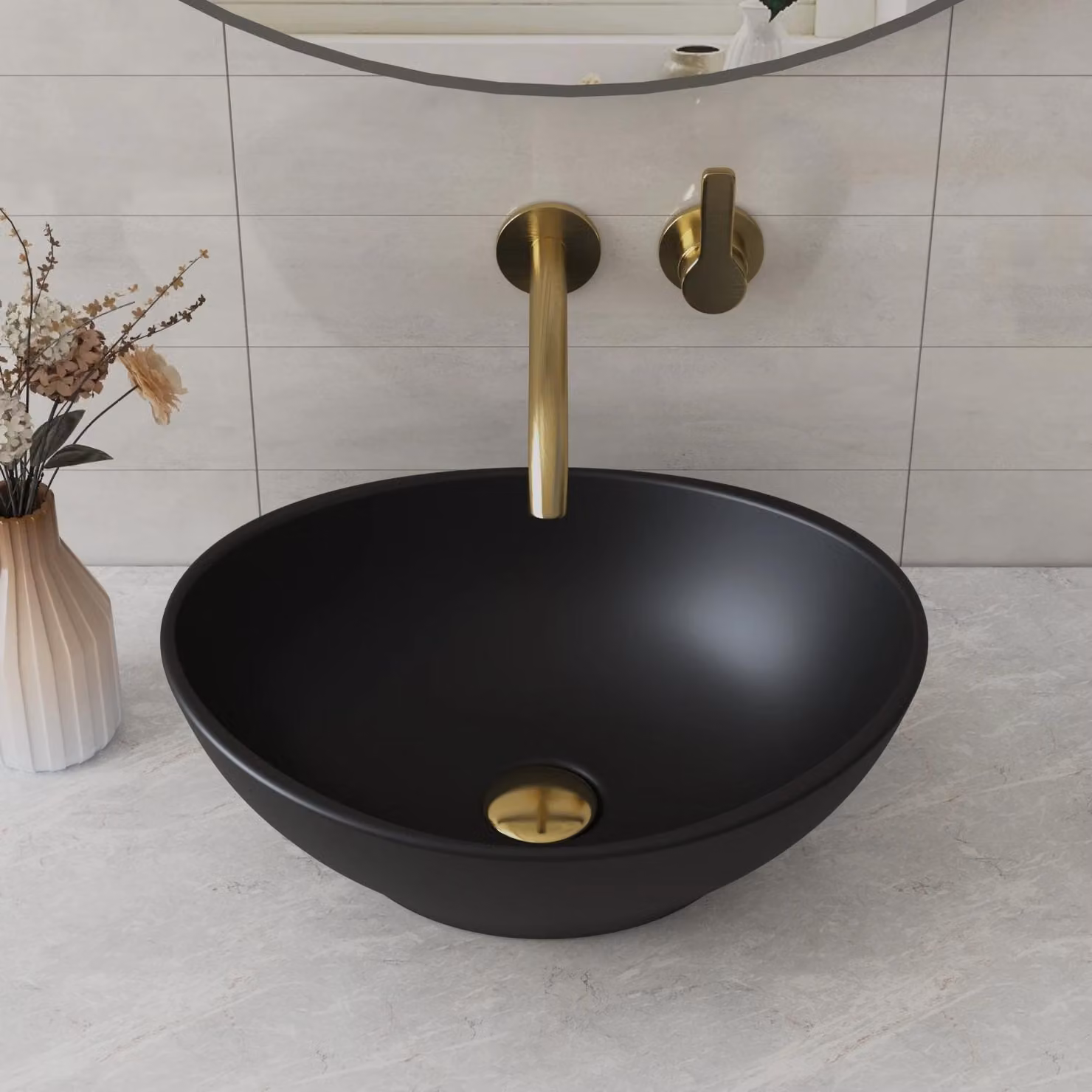 Lavabo – Lavabo da appoggio – Vetroceramica – Forma ovale – Senza troppofilo – Senza foro per rubinetto – 40 x 33 x 14,5 cm – Nero