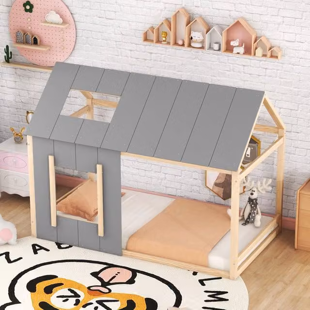Letto per bambini a casetta 90 × 200 cm singolo con tetto e finestra, senza materasso, in pino e MDF naturale grigio