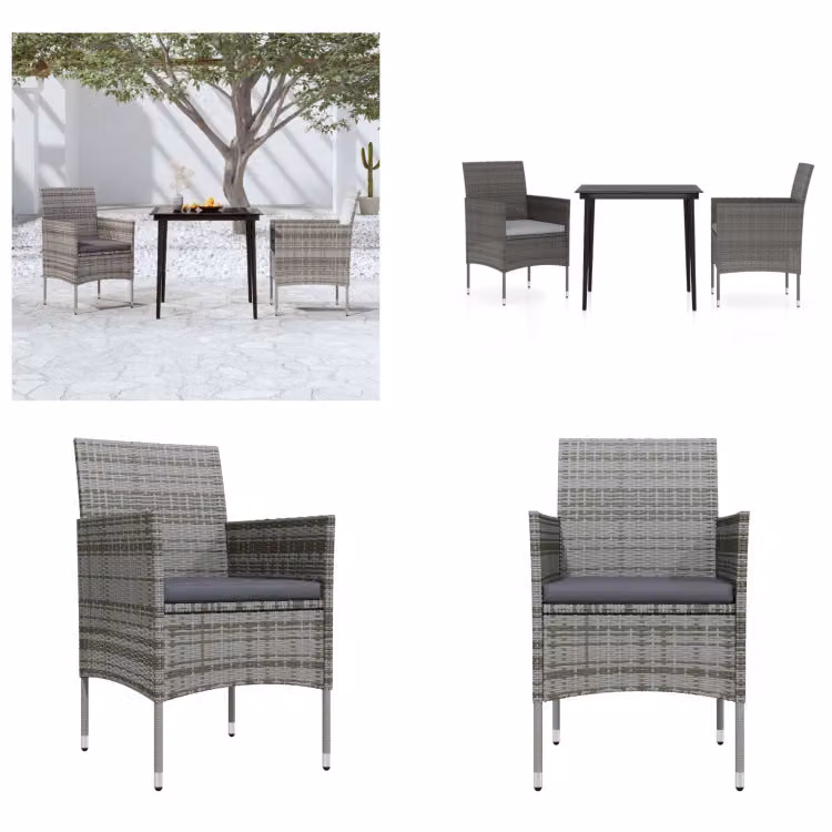 vidaXL Set da pranzo da giardino 3 pezzi con cuscini grigio e nero - Set da pranzo da giardino - Set da pranzo da giardino - Set di mobili da giardino - Set di mobili da giardino