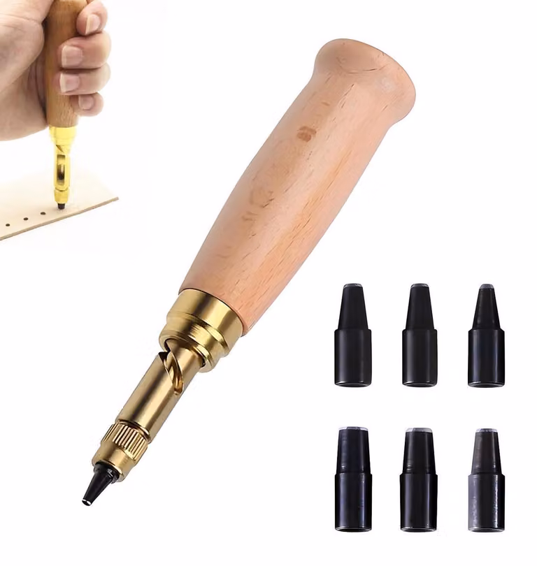Set di punteruoli Lochstanzer con 6 diverse dimensioni (da 1,5 a 4 mm), con manico in legno, ideali per lavorare su pelle e carta