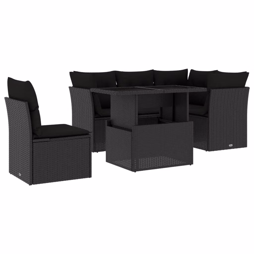 Set Divano da Giardino 6 pz con Cuscini Nero in Polyrattan