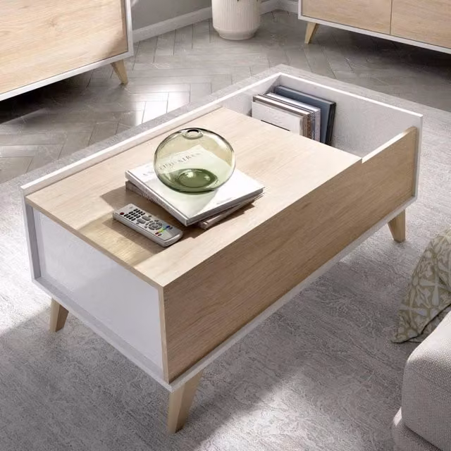 Tavolino da salotto DMORA Alexius, tavolo basso da caffè elevabile con vano portaoggetti, L: 99 cm, H: 60 cm, P: 41 cm, Rovere e Bianco