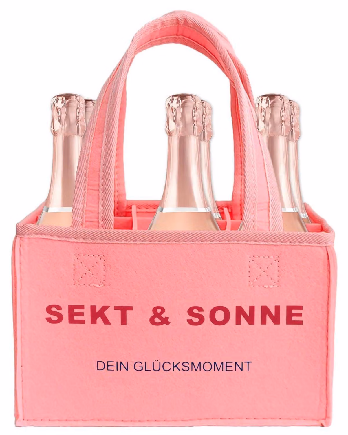 Borsa per bottiglie, 6 scomparti, rosa, in feltro, con scritta "Spumante e sole"