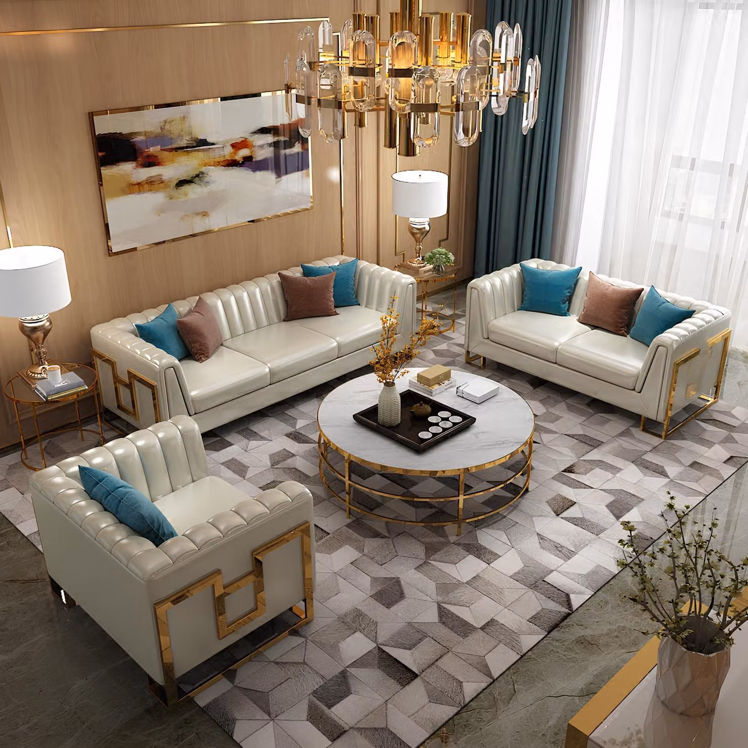 Luxus Edelstahl Leder Couch Polster Sitz 3+2+1 Set Wohnzimmer Garnitur Sofa