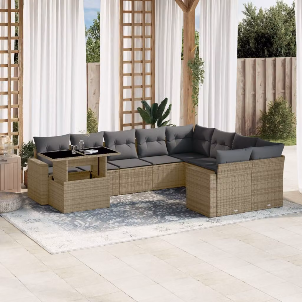 Set Divano da Giardino vidaXL 10 pz a Forma a L con Cuscini Beige e Tavolino, Struttura in Metallo e Polyrattan Resistente ai Raggi UV – 1