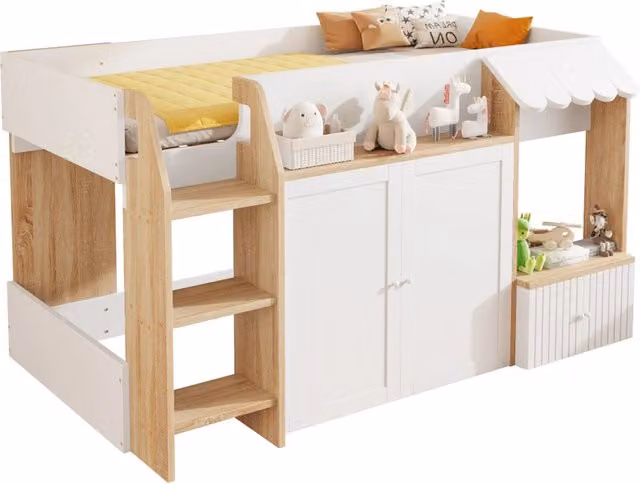 Letto a soppalco per bambini 90x200 cm con scala e vano inferiore; bianco e naturale