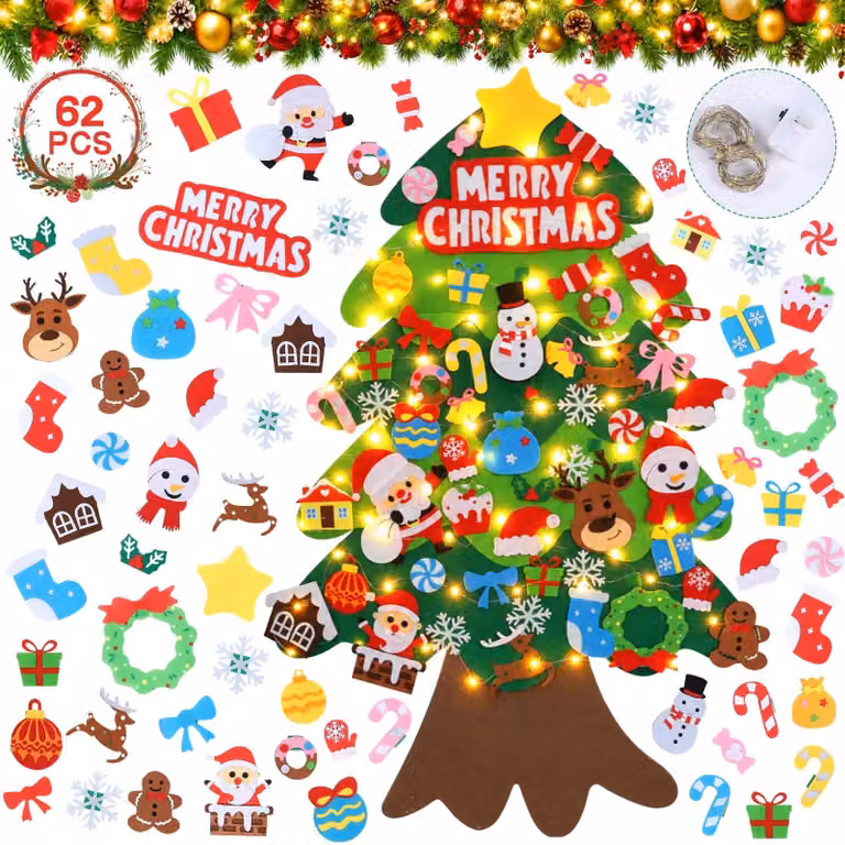 Albero di Natale in feltro per bambini - Con 60 decorazioni e luci LED - 70 x 100 cm