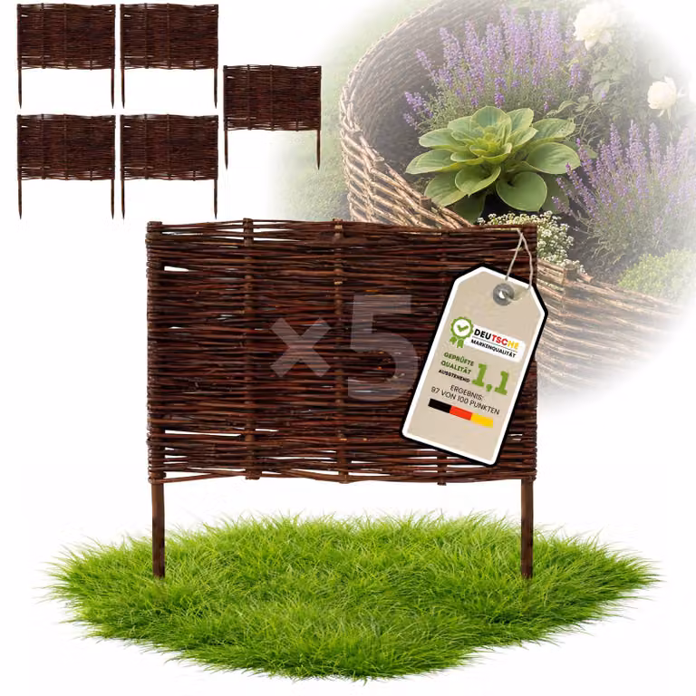 Floranica 5 pezzi Recinzione in vimini 60 cm x 60 cm – Staccionata da giardino intrecciata Palizzata Recinzione naturale Bordo aiuola