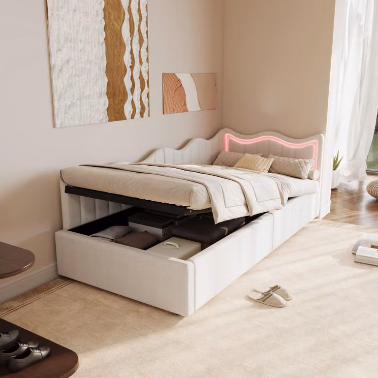 ProximaX Letto imbottito idraulico 90x200cm, divano letto day bed con LED, letto per ragazzi letto singolo con contenitore, velluto, bianco