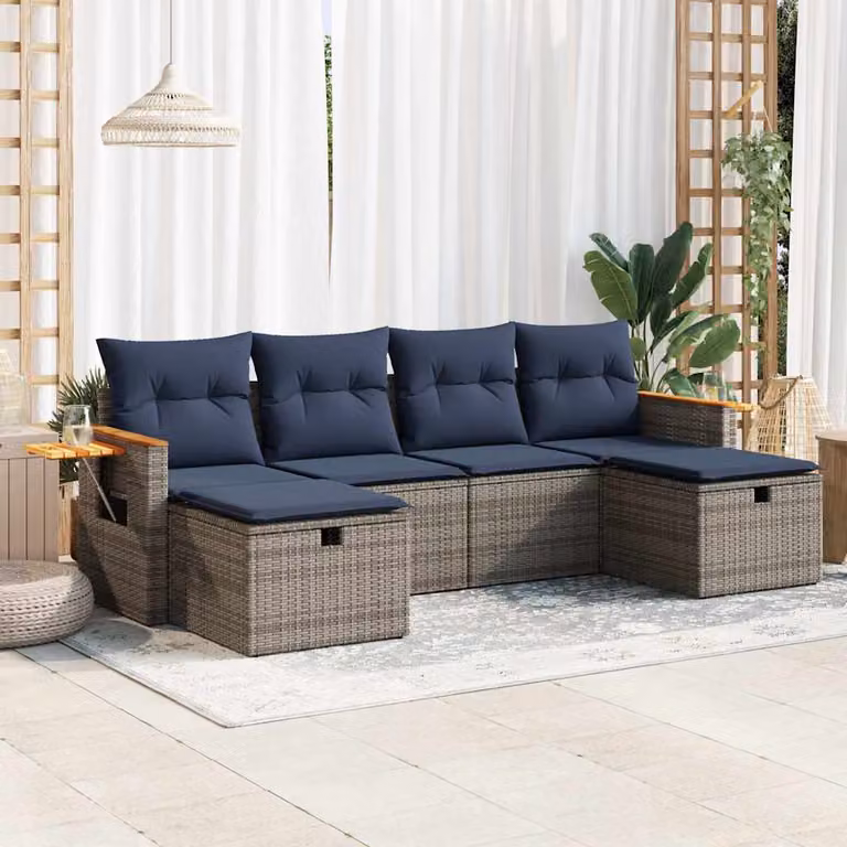Set Divano da Giardino vidaXL 6 pz a Forma a L con Cuscini Grigio e Blu in Polyrattan e Metallo