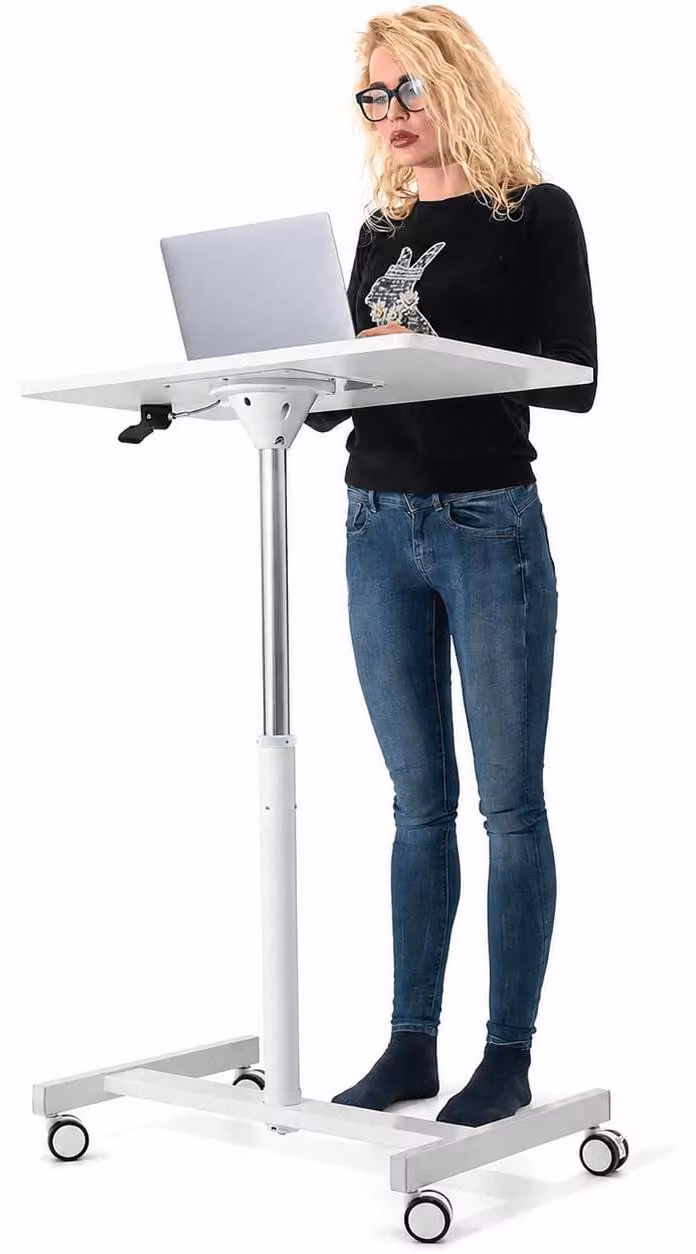 Scrivania regolabile ad aria per laptop, con possibilità di seduta e lavoro in piedi, dotata di ruote, altezza regolabile da 74 a 114 cm