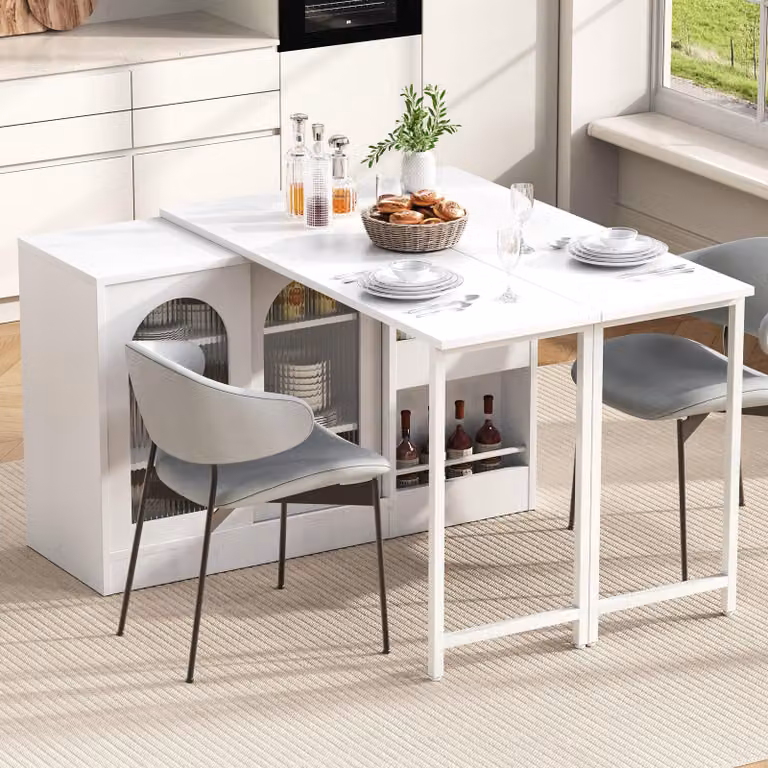 MODFU Tavolino da pranzo allungabile con due piani pieghevoli, mobile da cucina con contenitore, tavolo da bar con anta in vetro, bianco