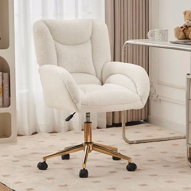 Sedia da ufficio girevole regolabile in altezza con ruote in tessuto teddy e base metallica dorata bianco