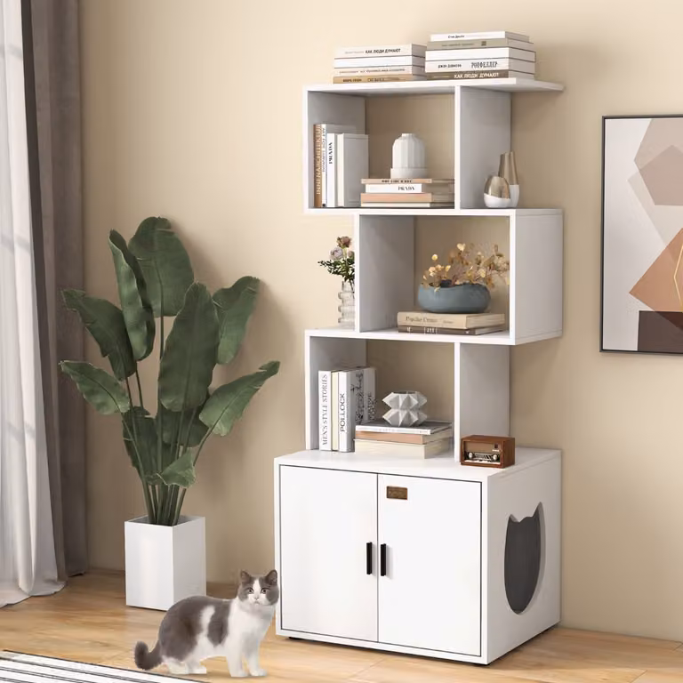 Mobile lettiera per gatti Costway con stoccaggio e ripiano a colonna, design moderno in bianco