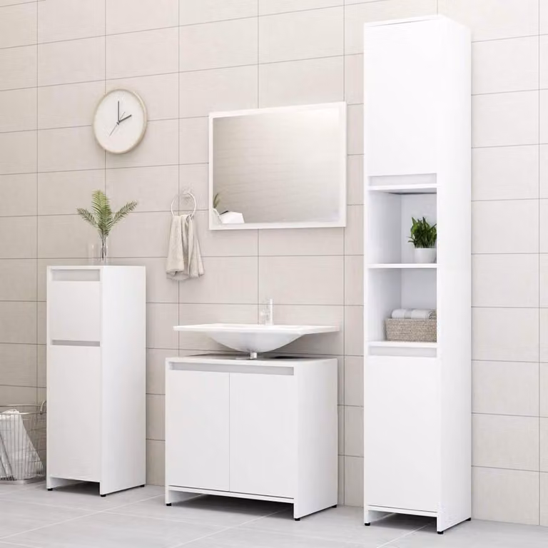 Set di mobili da bagno - Mobiletto da bagno - Mobiletto sottolavello - Specchiera - Mobiletto lavabo - Pannelli in materiale bianco