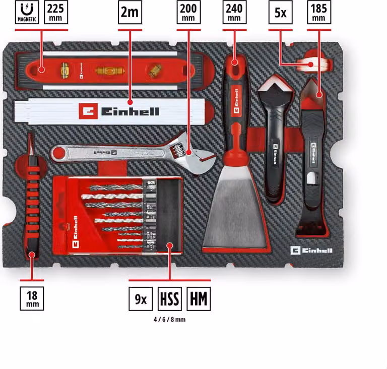 Valigetta porta attrezzi EINHELL per lavori di ristrutturazione, 370517, E-Case, 78 pezzi