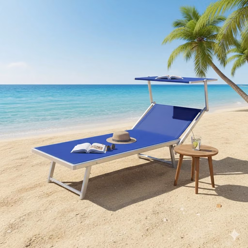Set di 2 lettini da spiaggia Atrani con parasole Lif in alluminio verniciato e tessuto blu – 2
