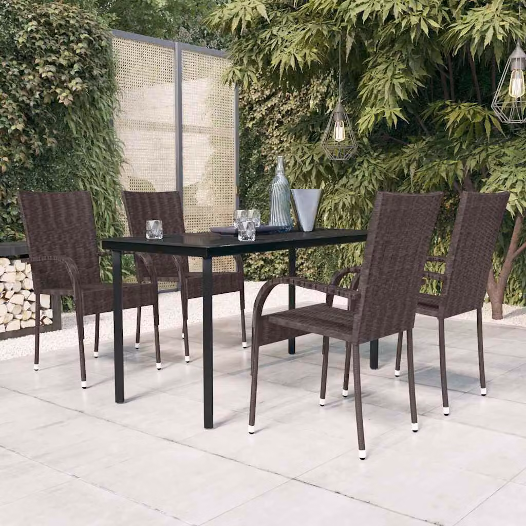 Set da pranzo per giardino vidaXL in polyrattan con cuscini marrone e nero, composto da 5 pezzi con tavolo in vetro