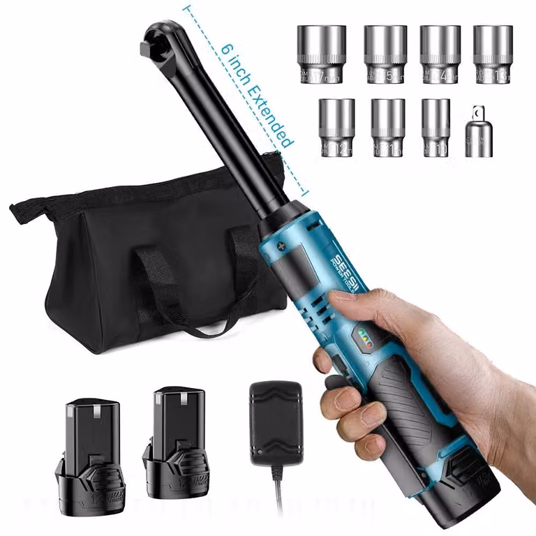 Avvitatore a cricchetto a batteria - Avvitatore angolare elettrico - Attacco quadrato da 0,95 cm - Coppia di 55 Nm - 12 V - Testa allungata da 15,2 cm - Motore brushless - Batteria e custodia per il trasporto