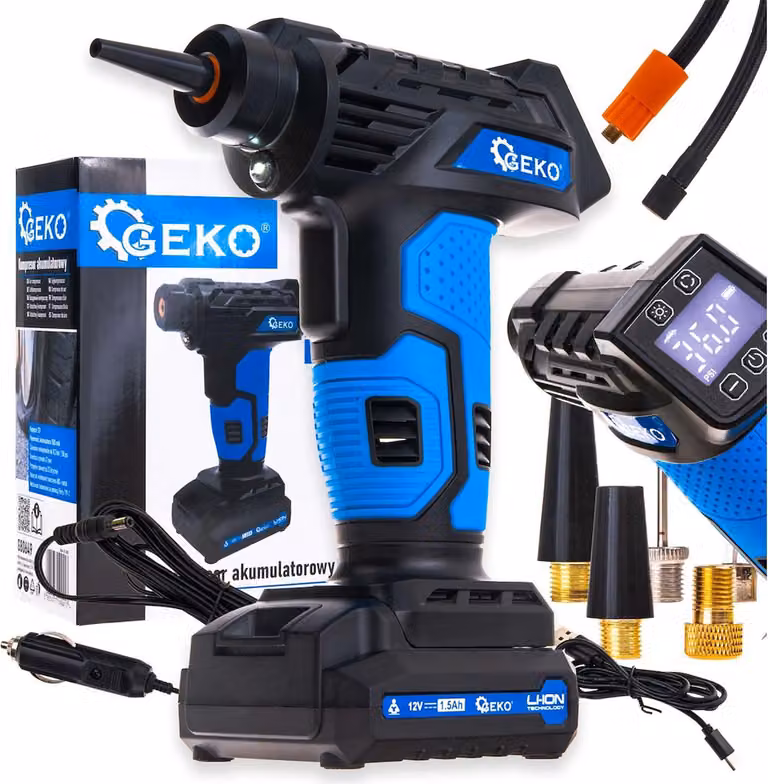 Compressore aria portatile senza fili, gonfiatore pneumatici per auto, moto e bicicletta con manometro LCD, luce LED, batteria 12V ricaricabile Geko