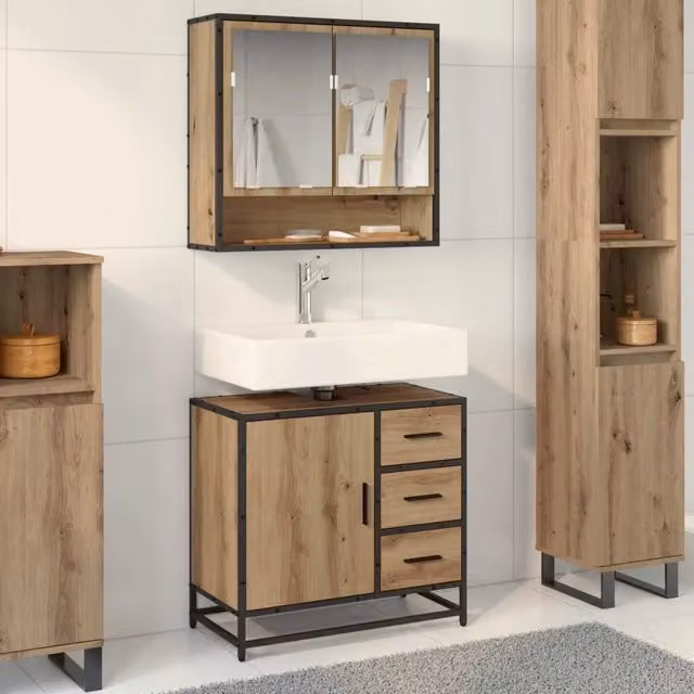 Set di mobili per il bagno vidaXL composto da mobile sottolavabo e armadietto con specchio, colore marrone e nero, design minimalista in legno e metallo