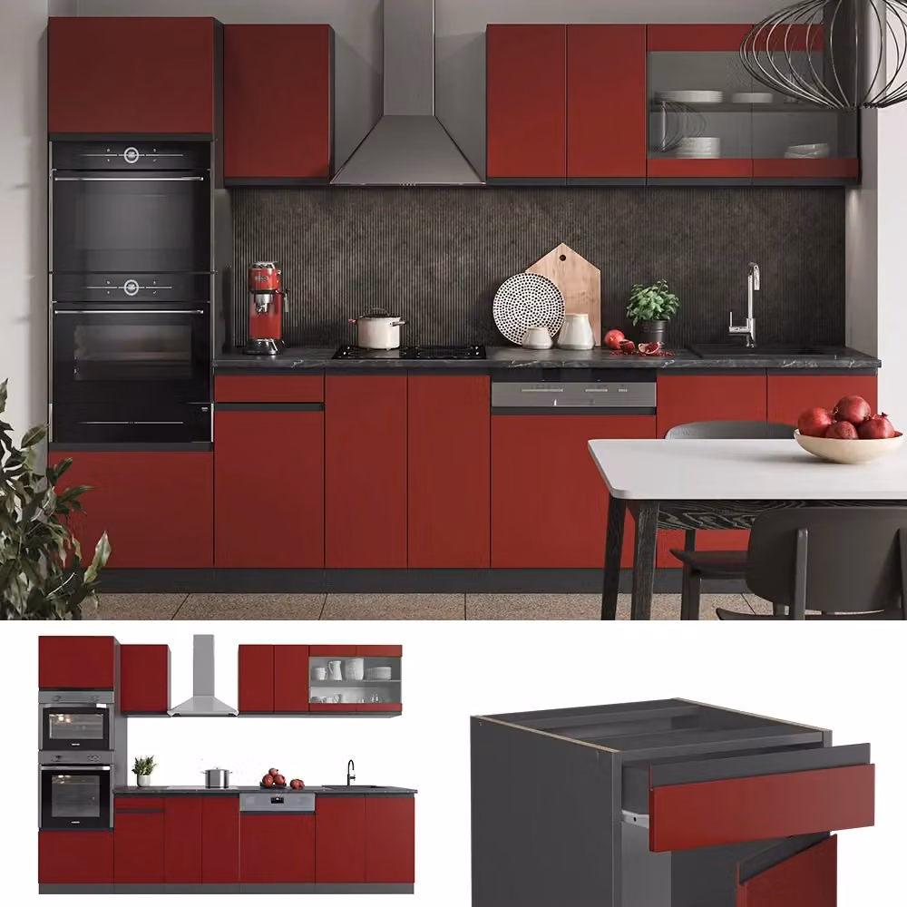 Cucina componibile moderna Vicco R-Line J-Shape Rosso e Antracite con armadio alto, L: 300 cm, H: 206.8 cm, P: 60 cm – 2