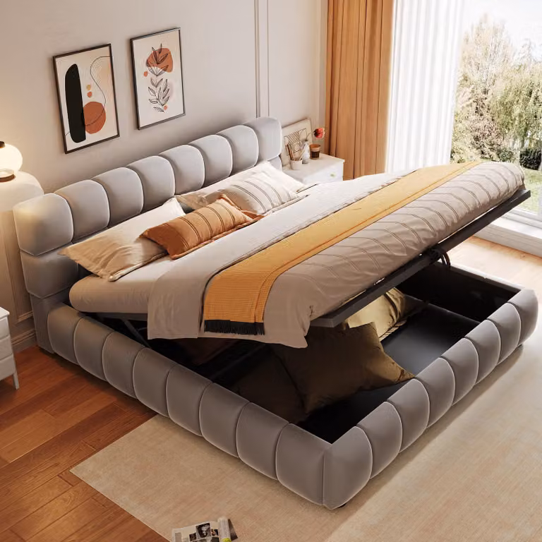 Letto imbottito 140 x 200 cm con spazio contenitore a sollevamento idraulico, testiera imbottita, rivestimento in velluto e 26 listelli, letto matrimoniale senza materasso