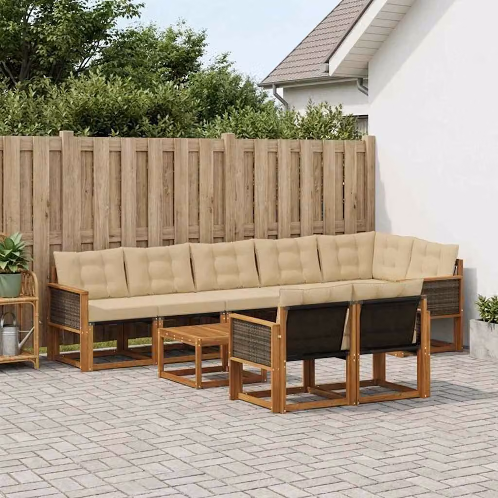 Set di divani da esterno vidaXL 9 pz in legno di acacia e textilene, colore beige e naturale, con tavolo da caffè e cuscini inclusi