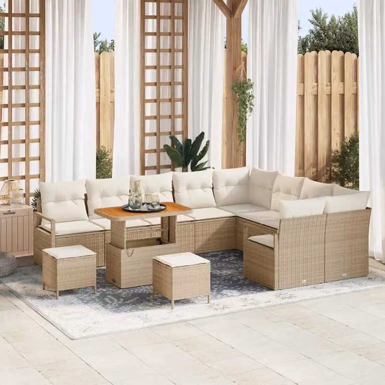 Set Divano da Giardino a L vidaXL 12 Pezzi Beige con Cuscini e Tavolino in Polyrattan e Acciaio