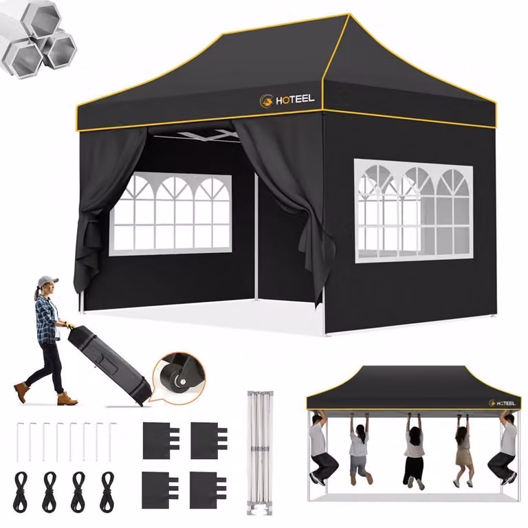 Tenda da festa esagonale 3x4,5 metri, impermeabile, stabile, con struttura a sei lati, resistente ai raggi UV, colore nero, con 4 pannelli laterali