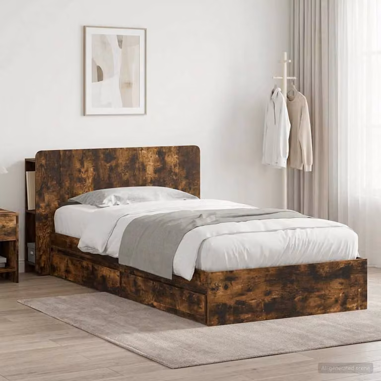 vidaXL Telaio del letto moderno con cassetti in Rovere Fumo, L/P/H: 190 x 90 x 119,5 cm