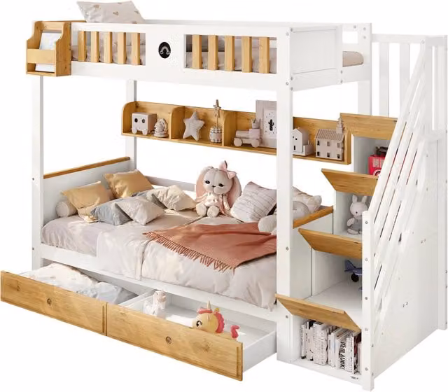 Letto a castello per bambini 90x200 cm in legno bianco con contenitori， senza materasso