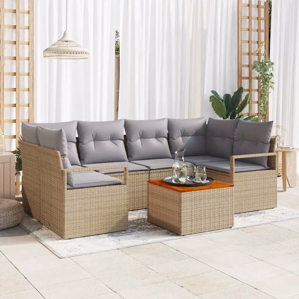 Set Divano da Giardino vidaXL 7 pz Beige con Cuscini e Tavolino, Design Moderno a L in Polyrattan e Acciaio con Telaio in Metallo e Legno di Acacia
