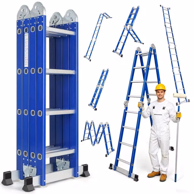 Scala multifunzione in alluminio 6-in-1, 464 cm, multifunzionale, pieghevole, con sistemi di sicurezza, antiscivolo, portata massima 150 kg