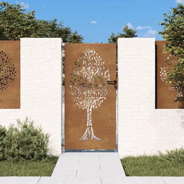 Cancello singolo da giardino vidaXL in acciaio color marrone con design ad albero, L: 85 cm, H: 175 cm