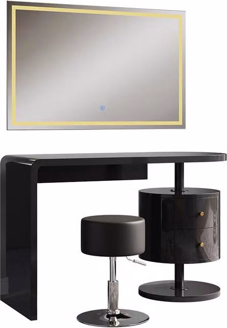Tavolo da toeletta Lara Nero lucido 120 cm con specchio LED e sgabello Vicco