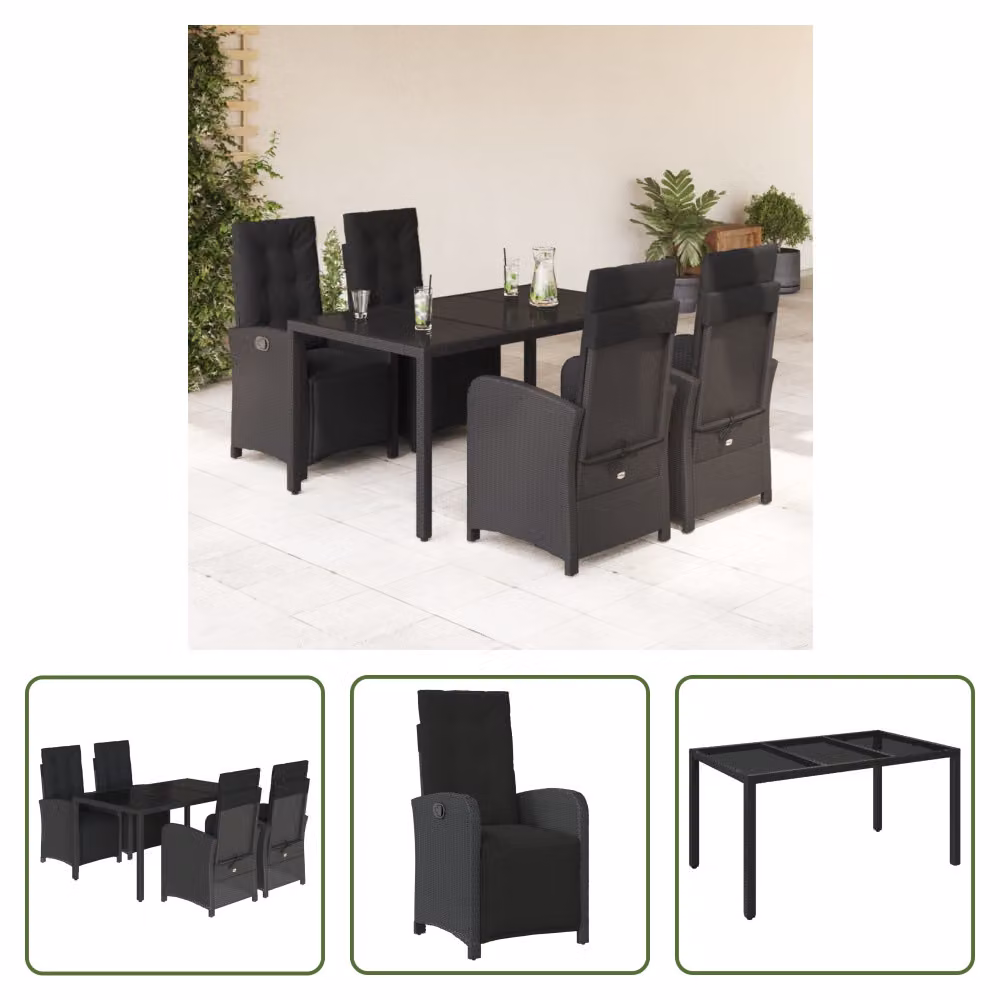 The Living Store Set da pranzo da giardino 5 pezzi con cuscini in poly rattan nero