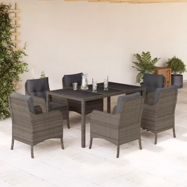 Set da pranzo da giardino vidaXL in polyrattan e vetro grigio con 7 pezzi