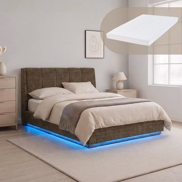 Letto Francese Contenitore Tröstiar en.casa con Luce LED e Materasso, Effetto Lino Verde, L/P: 140 x 200 cm