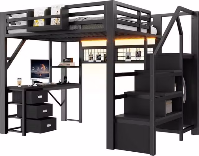 Letto a soppalco in metallo 140x200 cm con scrivania armadio e cassetti Nero