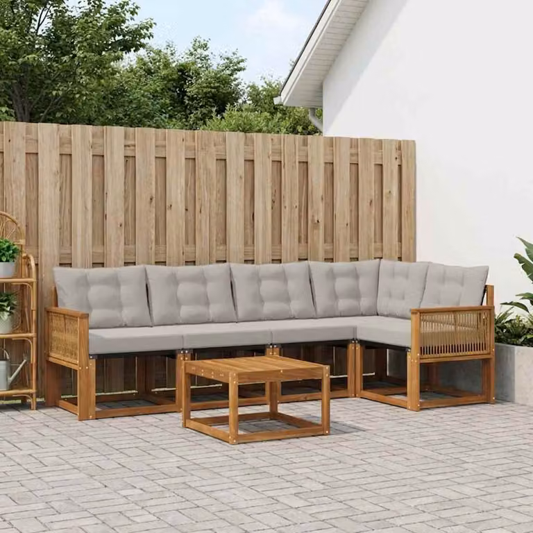 Set di divani da esterno vidaXL a forma di L composto da 6 pezzi con tavolo da caffè, realizzato in legno di acacia trattato e tessuto textilene, colore beige e grigio