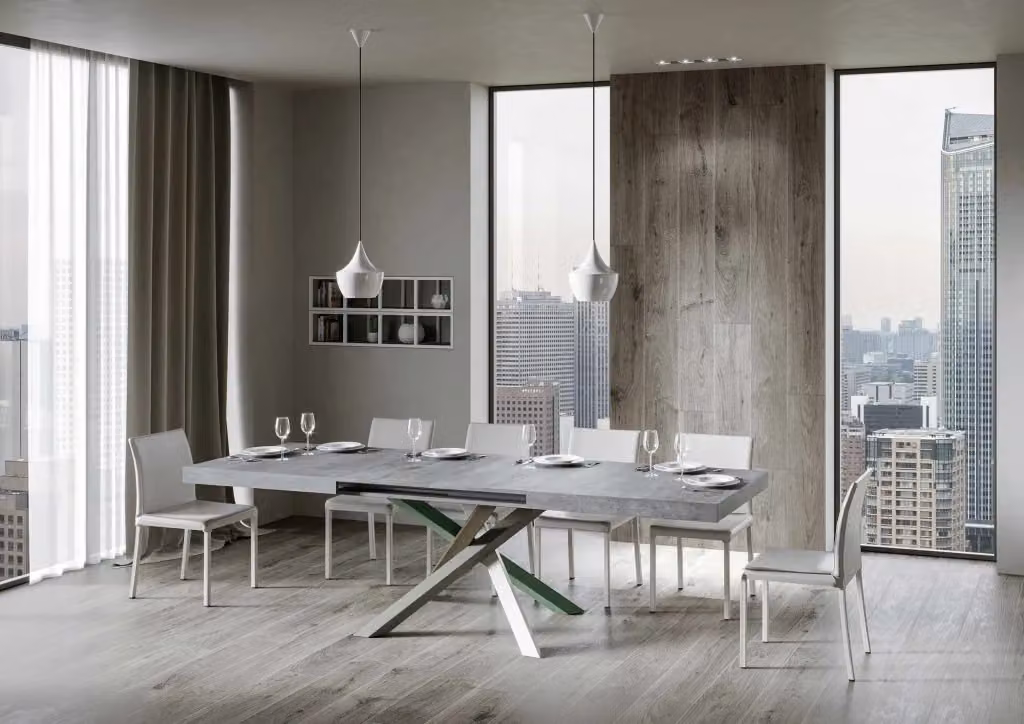 Tavolo allungabile moderno Bs Com in cemento grigio con telaio a X L: 90 cm, P: 200-304 cm – 2